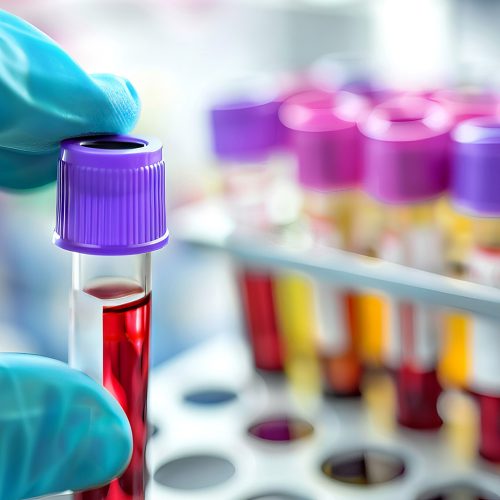 Medical professional handling a blood sample in a vial, part of a collection of samples in a lab setting.